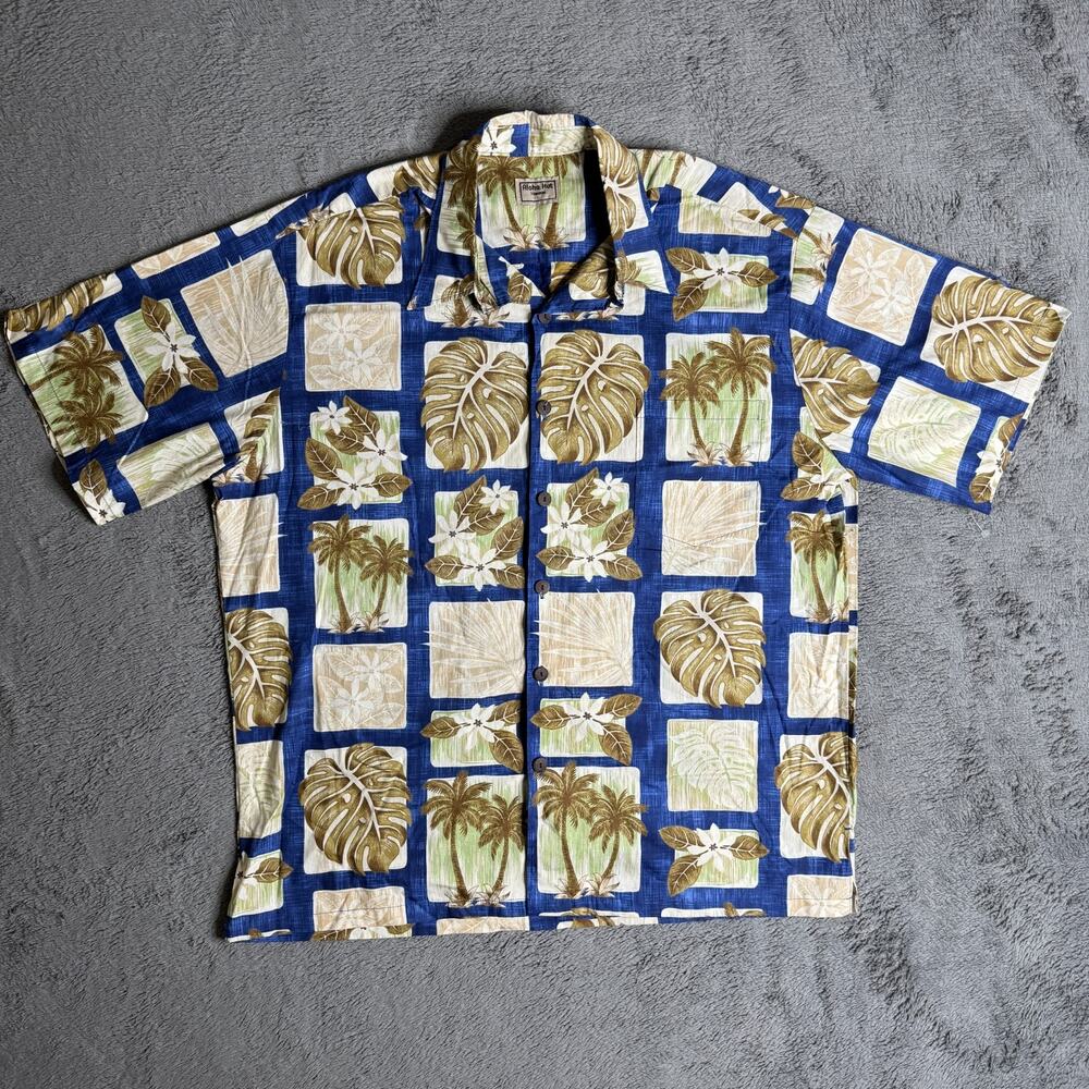 Aloha Hut Hawaii Shirt Mens XL Cotton Button Up Tile Art Floral Palm Trees Blue